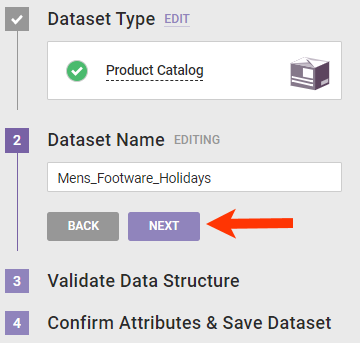 Step 2 of the Create Dataset Schema wizard, with a product catalog name input in the appropriate field and a callout of the NEXT button