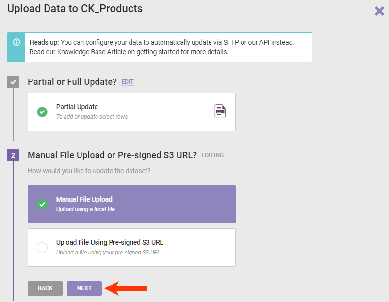 The Upload Data wizard with 'Manual File Upload' selected and a callout of the NEXT button
