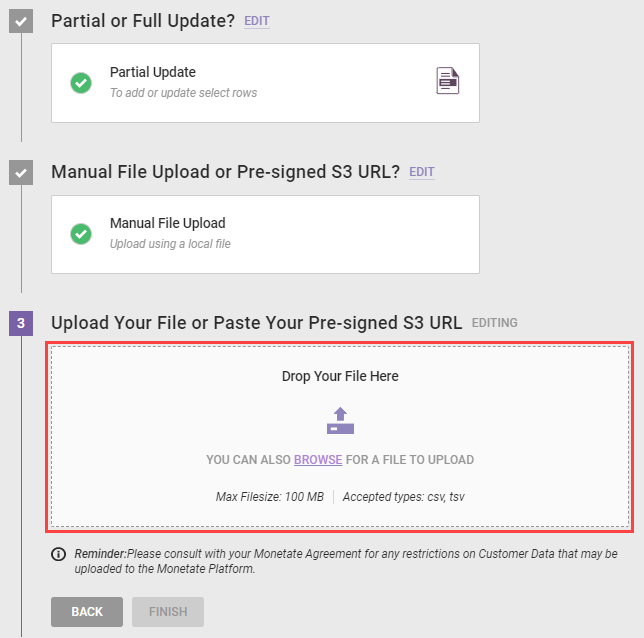 The Upload Data wizard with callout of the file upload field