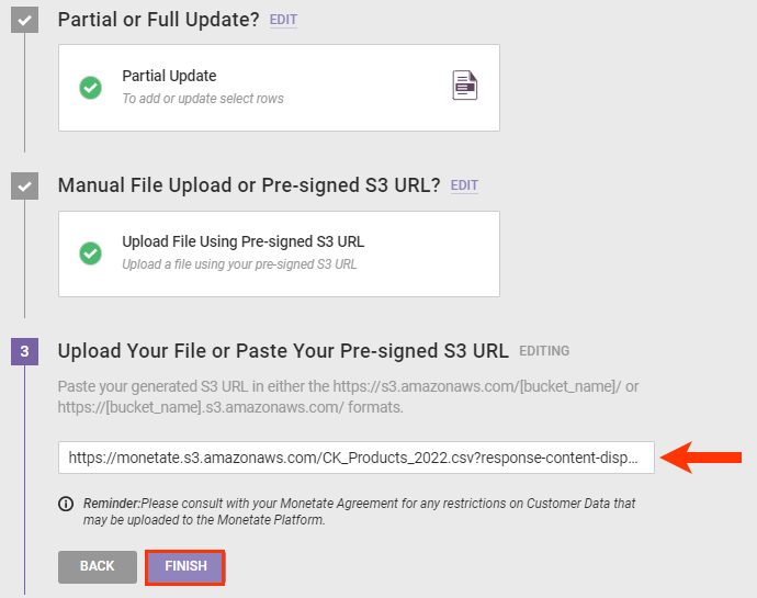 Step 3 of the Upload Data wizard, with a callout of the Amazon S3 presigned URL input field and the FINISH button