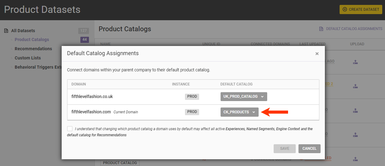 Callout of the DEFAULT CATALOG selector on the Default Catalog Assignments modal