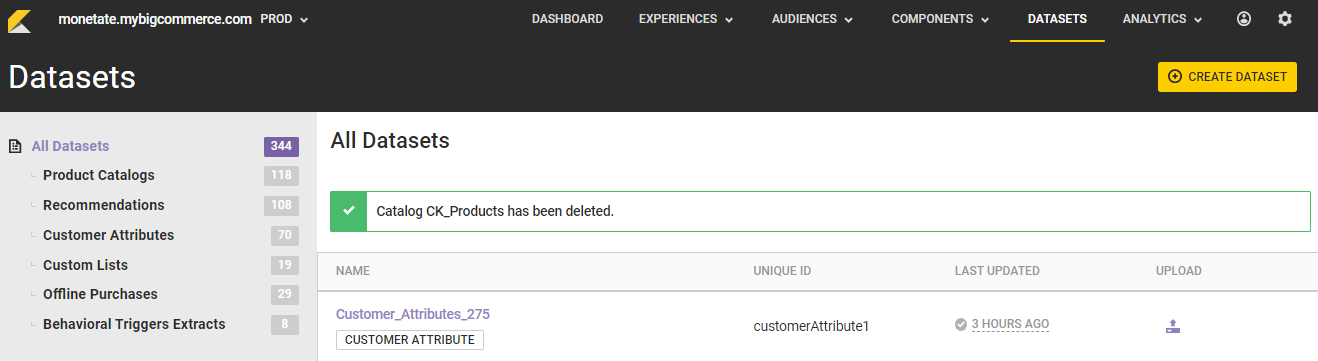 The Product Datasets list page with a message confirming the product catalog was deleted