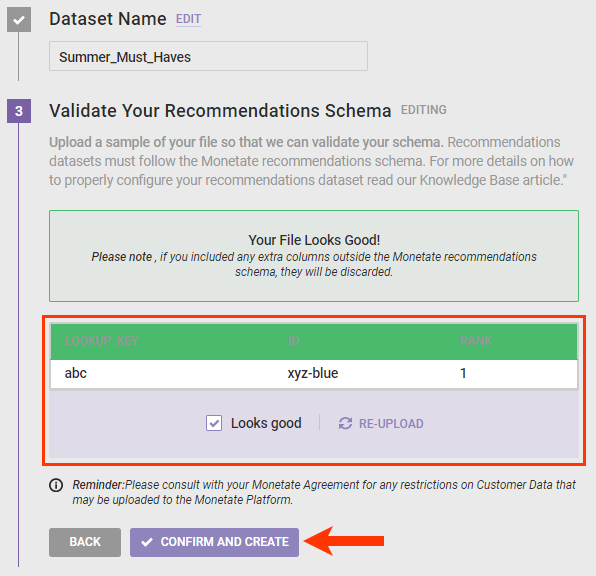 Step 3 of the Create Dataset Schema wizard, with a sample of the schema shown, the 'Looks good' acknowledgment checkbox selected, and a callout of the click 'CONFIRM AND CREATE' button