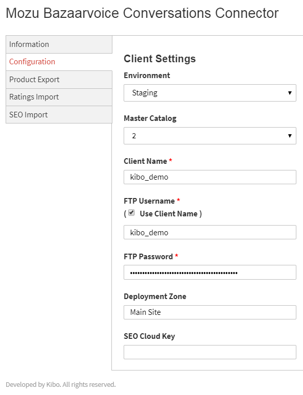 Example of client settings in the Configuration tab of the application module