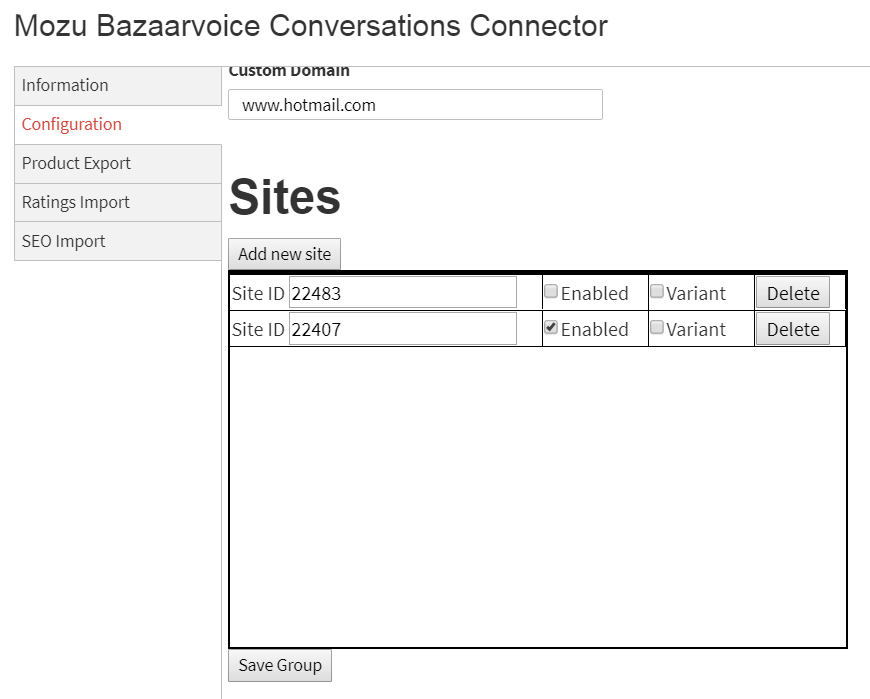 Example of sites added to the Configuration tab of the application module