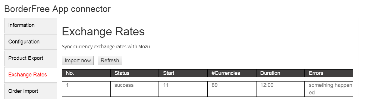The Exchange Rates tab of the application module