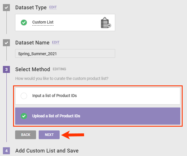 Callout of the 'Input a list of Product IDs' and 'Upload a list of Product IDs' options and of the  NEXT button