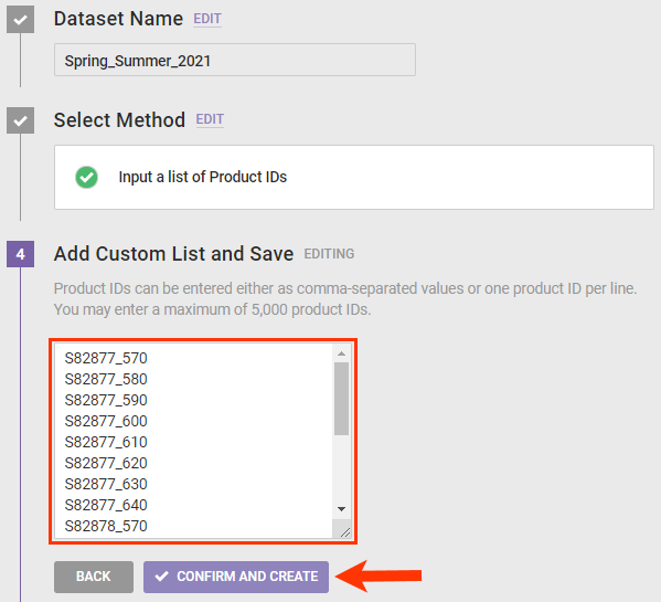 Callout of the product IDs field and a callout of the 'CONFIRM AND CREATE' button