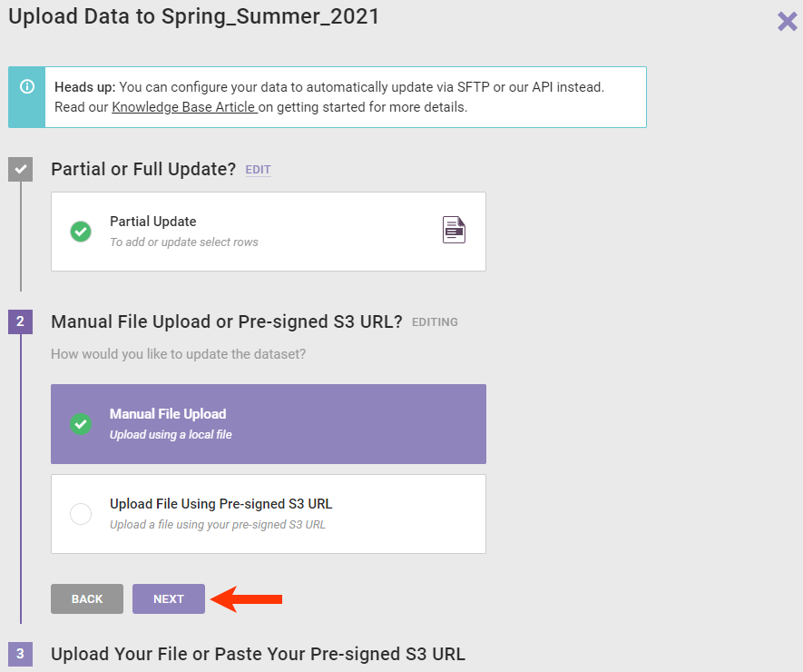 Step 2 of the Upload Data wizard, with 'Manual File Upload' selected and a callout of the NEXT button