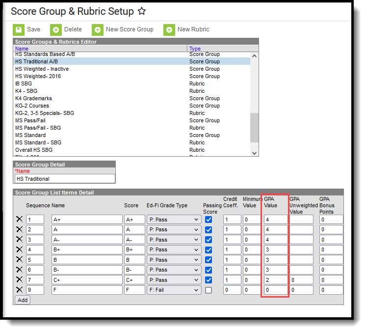Screenshot of an example of score group setup with the GPA Value column highlighted.