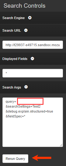 Splainer screenshot with a box showing where to enter the search term and an arrow pointing to the Rerun Query button