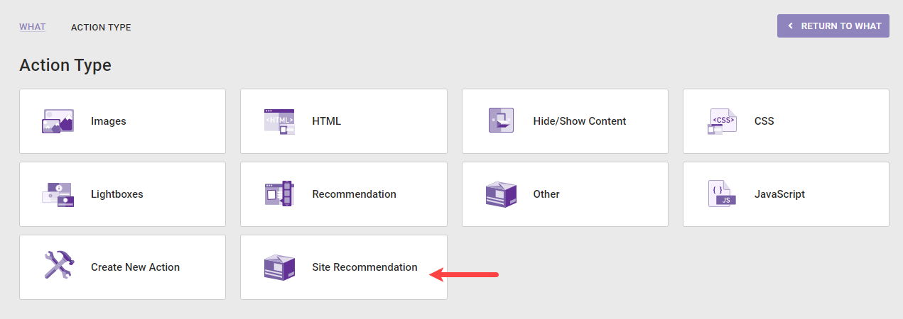 Screenshot of the Monetate Action Type setup with an arrow pointing to the Site Recommendation option