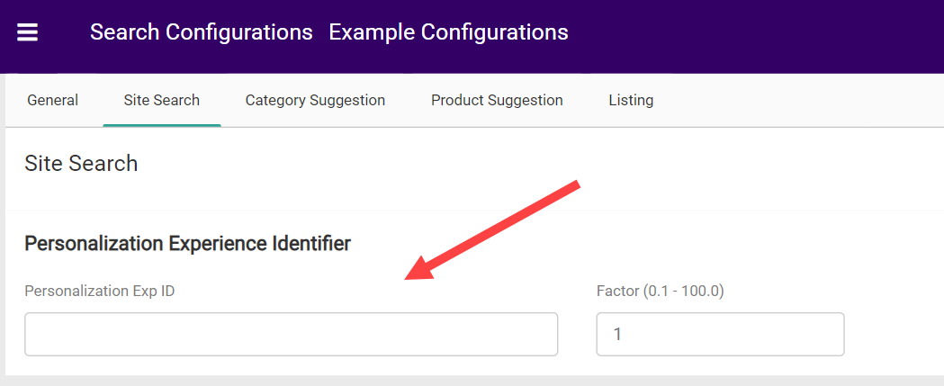 A zoomed screenshot of the Personalization Experience Identifier portion of Site Search settings