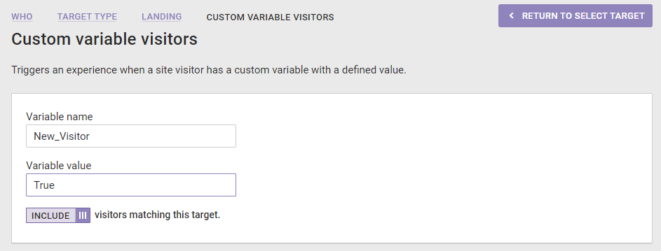 The Custom Variable Visitors target, with 'New_Visitor' in the Variable name field and 