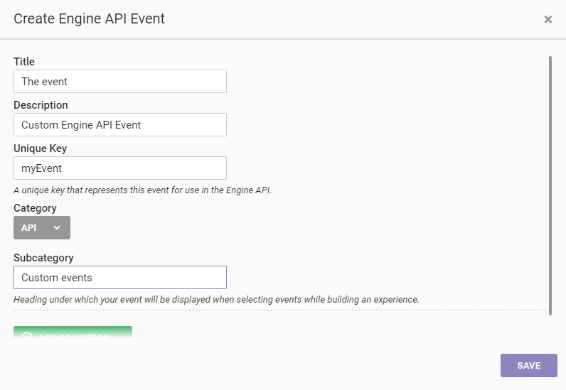 Screenshot of the Create Engine API Event modal