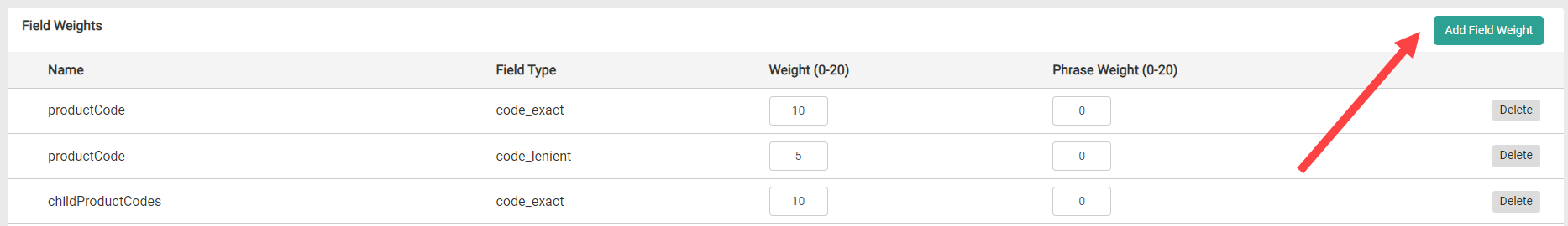 A zoomed screenshot of the field weights portion in Site Search settings