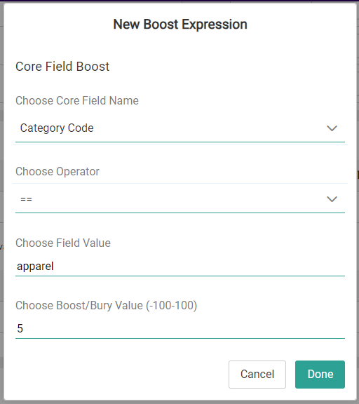 Screenshot of the New Boost Expression modal with options for Core Field Boost