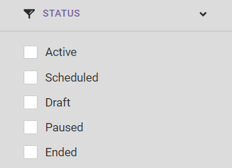 View of the Active, Scheduled, Draft, Paused, and Ended options under the STATUS filter category