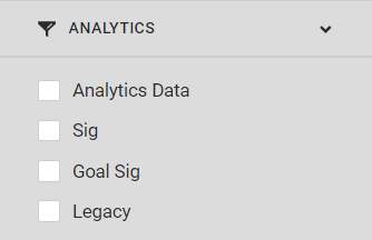 View of the Analytics Data, Significance, Goal Significance, and Legacy options under the ANALYTICS filter category