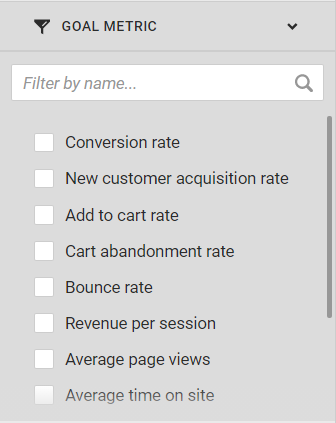 View of the Conversion rate, New customer acquisition rate, Add to cart rate, Cart abandonment rate, Bounce rate, Revenue per session, Average page views, and Average time on site options under the GOAL METRIC filter category