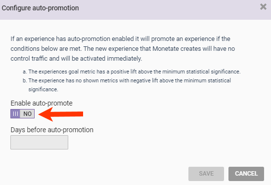 Callout of the 'Enable auto-promote' setting in the 'Configure auto-promotion' modal