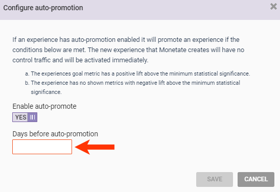 Callout of the 'Days before auto-promotion' field in the 'Configure auto-promotion' modal