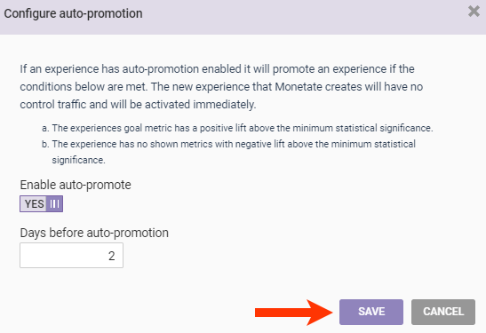 Callout of the SAVE button in the 'Configure auto-promotion' modal