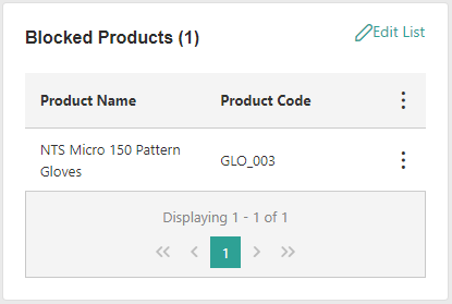 Screenshot of the blocked products list with one entry