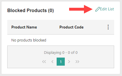 Screenshot of the blocked products list with an arrow pointing to the edit list link