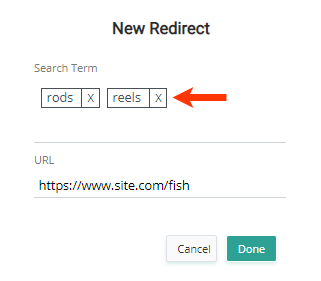 Arrow pointing to an X next to a search term in the Redirect modal