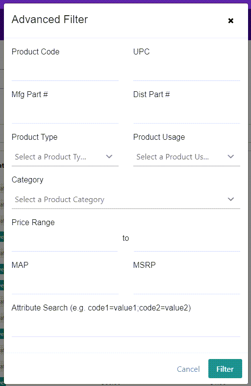 Close-up of the Advanced Filter options
