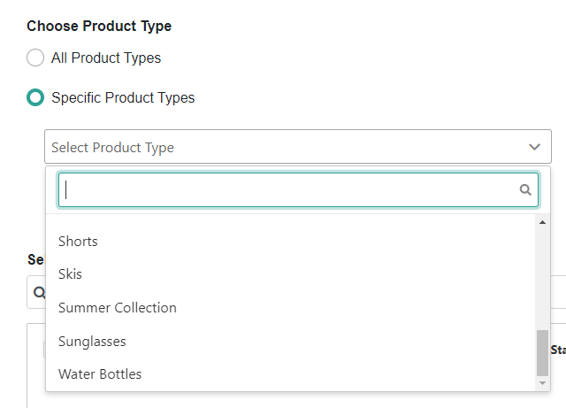 Close-up of the Choose Product Type step of the Update Attributes form