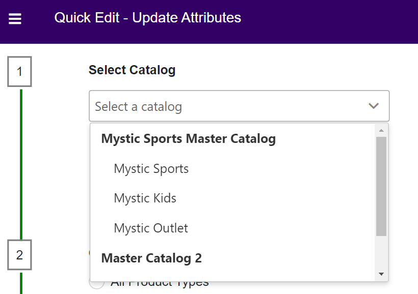 Close-up of the Select Catalog step of the Update Attributes form