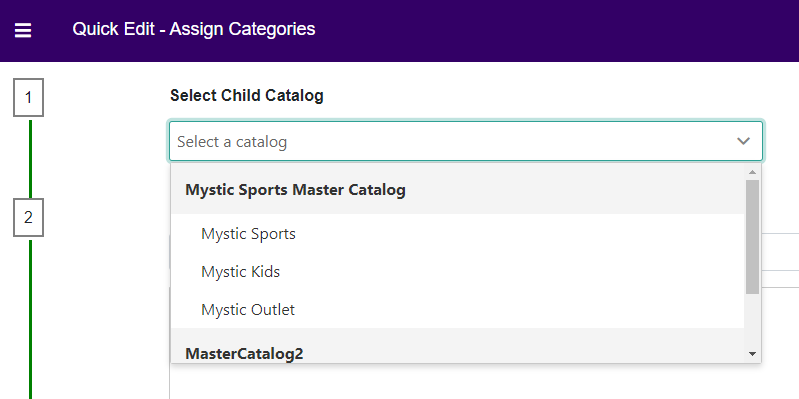Close-up of the Select Child Catalog step of the Assign Categories form