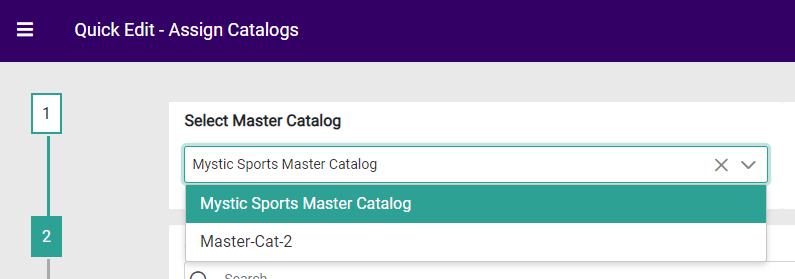 The Select Master Catalog step of the Assign Catalogs form with the drop-down expanded