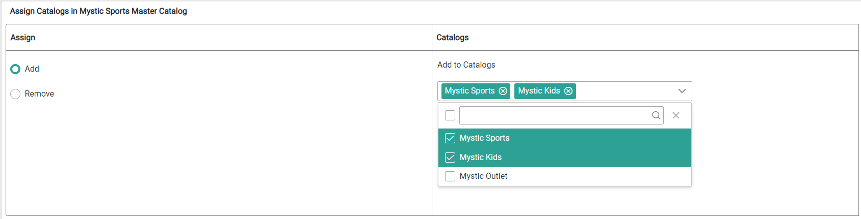 The Assign Catalogs step with Add selected and several catalogs checked in the drop-down menu