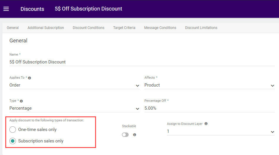 The discount configuration page with a callout for the One-Time Sales Only and Subscription Sales Only toggles