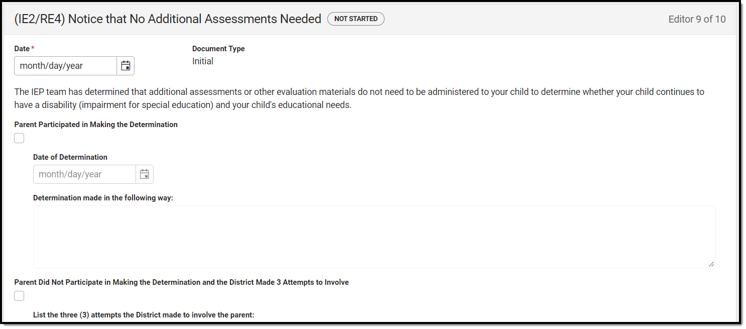 Screenshot of the No Additional Assessments Needed editor.