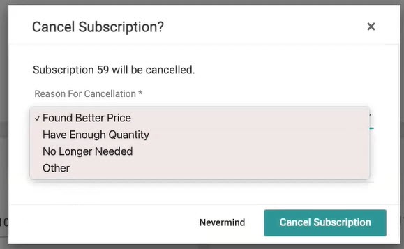 Pop-up prompting the user to select a cancellation reason