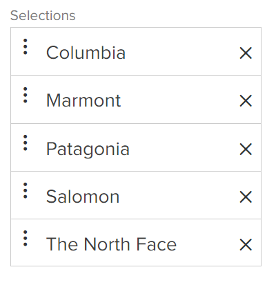 Close-up of a Selections list with example values