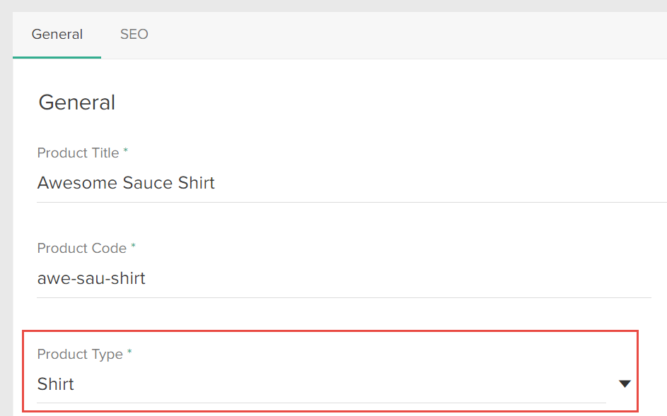 The General settings with a callout for the Product Type field set to Shirt
