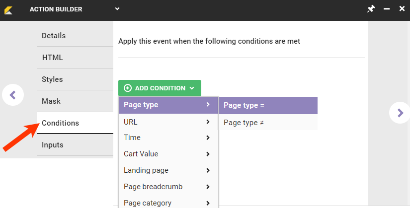 Callout of the Conditions tab, with a view of the 'Page type' category expanded and the 'Page type equals' option highlighted