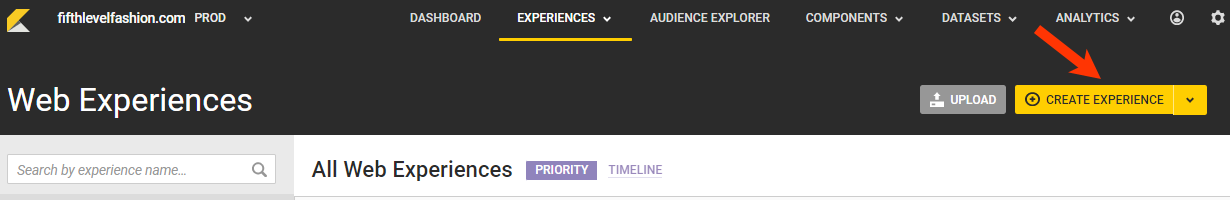 Callout of the CREATE EXPERIENCE button