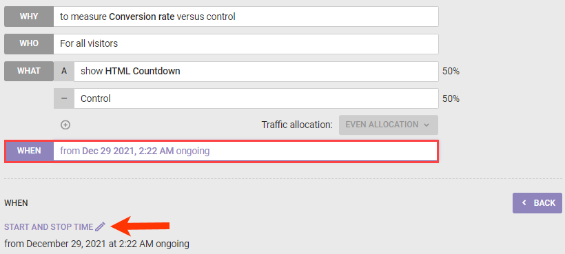Callout of the WHEN settings and the START AND STOP TIME option