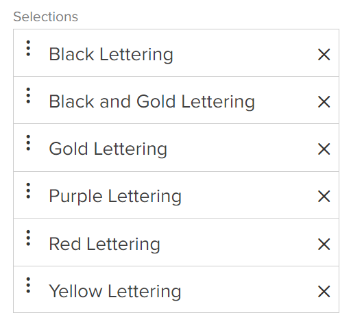 The selected options in the Selections list