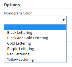 Example of ordered Monogram Color options on the storefront product page
