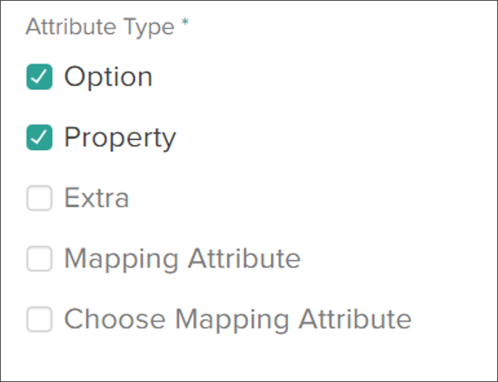 Close-up of the Attribute Type field with Option and Property selected