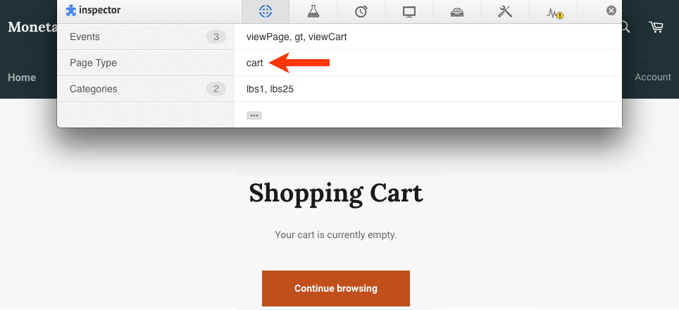 Callout of the cart type in the Page Type row of Monetate Inspector