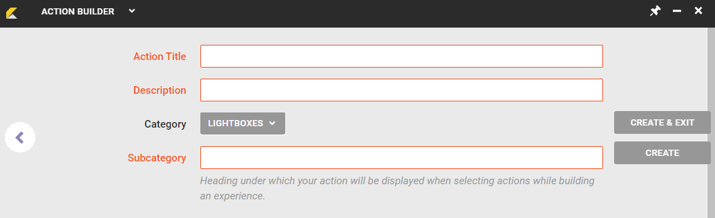 View of the last panel of Action Builder with the Action Title, Description, and Subcategory fields and the CREATE AND EXIT button