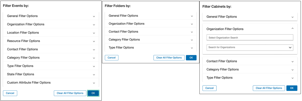 Filter events modal with start date, end date, and organization fields